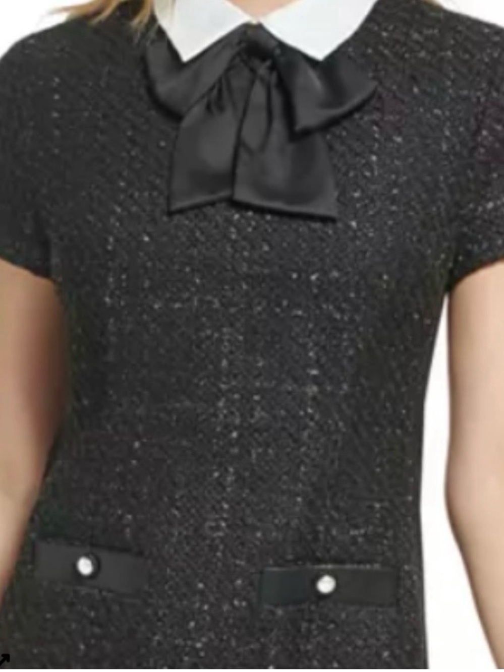 Karl Lagerfeld Black Tweed Sheath Dress with White Collar and Satin Bow - Picture 2 of 11